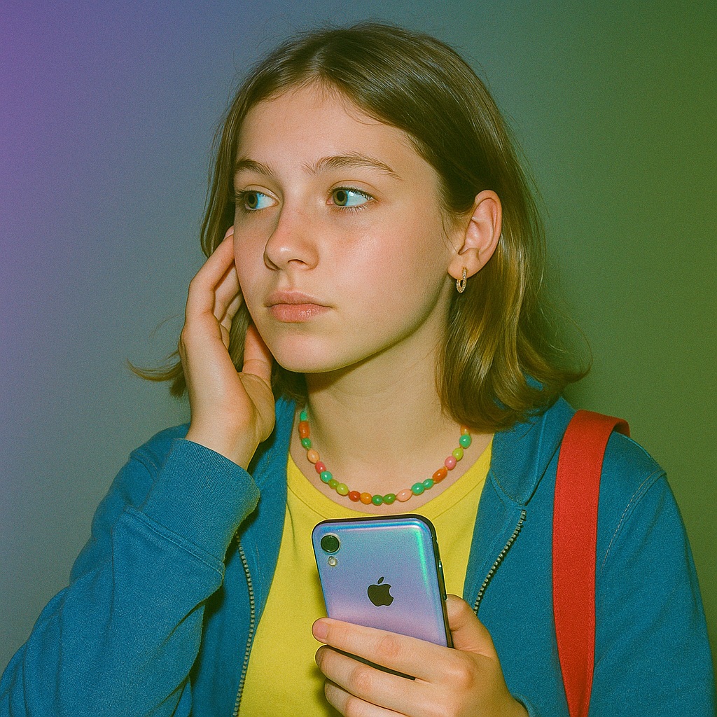 A teen looking thoughtfully away from their phone